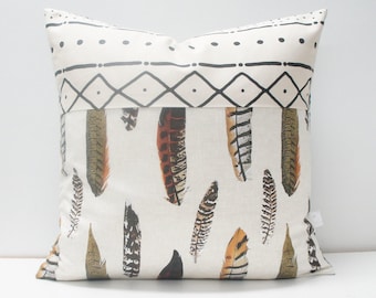 Pillow Cover - Patchwork Pillow Cover, 20x20, mud cloth and feathers