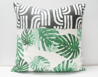 Pillow Cover - Patchwork Pillow Cover, 20x20, tropical monstera leaf, green palms, mod black