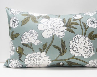 Pillow Cover - Patchwork Pillow Cover, 16x24, peonies on blue, vintage, modern floral
