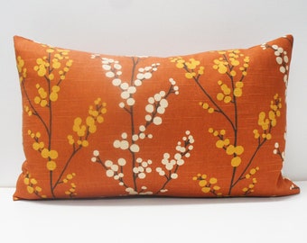 Pillow Cover - Patchwork Pillow Cover, 16x24, berries on rust, yellow, orange, slub