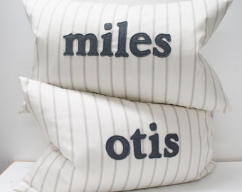 Pillow Cover - personalized name pillow cover, 16x24, grey ticking stripes - any name available