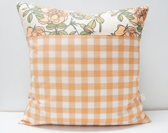 Pillow Cover - Patchwork Pillow Cover, 20x20, vintage wild roses orange with gingham check, peach