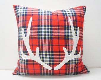 Antler Pillow Cover, 20x20, red/blue large plaid flannel check w. felt antler applique, christmas, holiday, cabin, cottage, festive, tartan