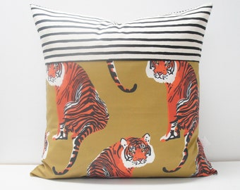 Pillow Cover - Patchwork Pillow Cover, 20x20, tiger print on ochre, gold, black stripes, animal print