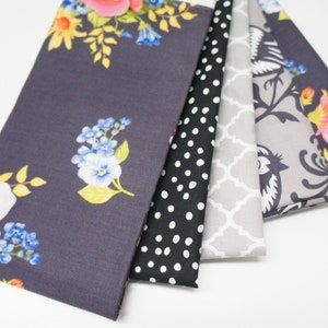 Fabric - fabric bundle - 5 x 20x20 squares, remnants, scrap pack, destash,  quilting - grey birds, floral