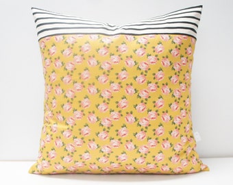 Pillow Cover - Patchwork Pillow Cover, 20x20, vintage pink roses on mustard,  black stripes