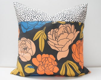 Pillow Cover - Patchwork Pillow Cover, 20x20,Mod floral, orange, black, peach, blue