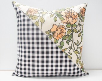 Pillow Cover - Patchwork Pillow Cover, 20x20, wild roses in peach, floral, black and white Check, gingham