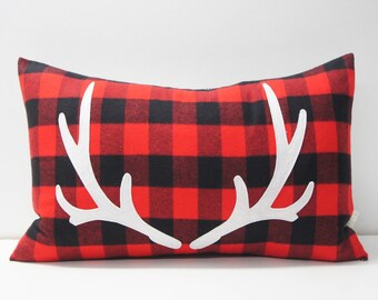 Antler Pillow Cover, 16x26, Buffalo plaid, red and black check with felt antler applique, christmas, holiday, cabin, cottage