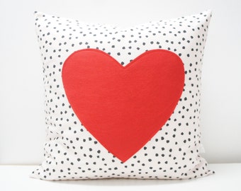 Pillow Cover - Heart Pillow Cover, 20x20,  black polka dots on cream, felt heart red