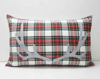 Antler Pillow Cover, 16x24, stewart tartan plaid with felt antler applique, christmas pillow, holiday, cabin, cottage, festive, tartan