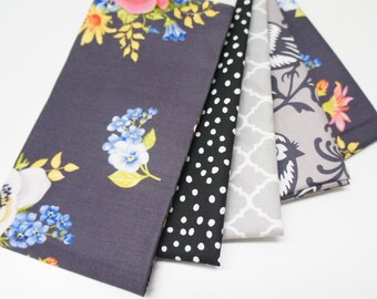 Fabric Scrap Bundle - Grey Floral & Birds, 20x20 Quilting Squares