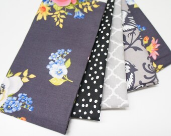 Fabric - fabric bundle - 5 x 20x20 squares, remnants, scrap pack, destash,  quilting - grey birds, floral