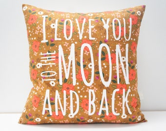Pillow Cover - I love you to the moon and back Pillow Cover, 20x20, brown, green, coral vintage floral