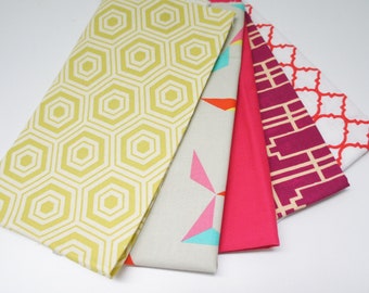 Fabric - fabric bundle - 5 x 20x20 squares, remnants, scrap pack, destash, quilting - teal, fuchsia pink, neon