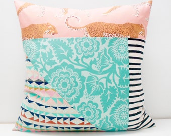 Pillow Cover - Patchwork Pillow Cover, 20x20, pink, teal and tan geometric patchwork, stripes, floral, cheetahs