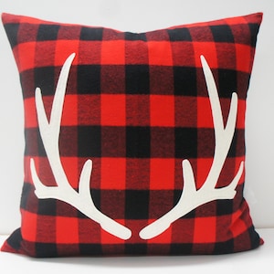 Antler Pillow Cover, 20x20, Buffalo plaid, red and black check with felt antler applique, christmas, holiday, cabin, cottage image 1