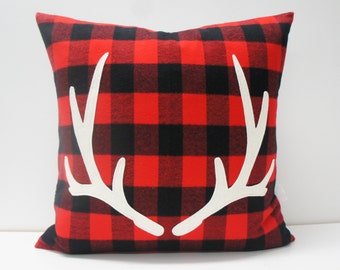 Antler Pillow Cover, 20x20, Buffalo plaid, red and black check with felt antler applique, christmas, holiday, cabin, cottage