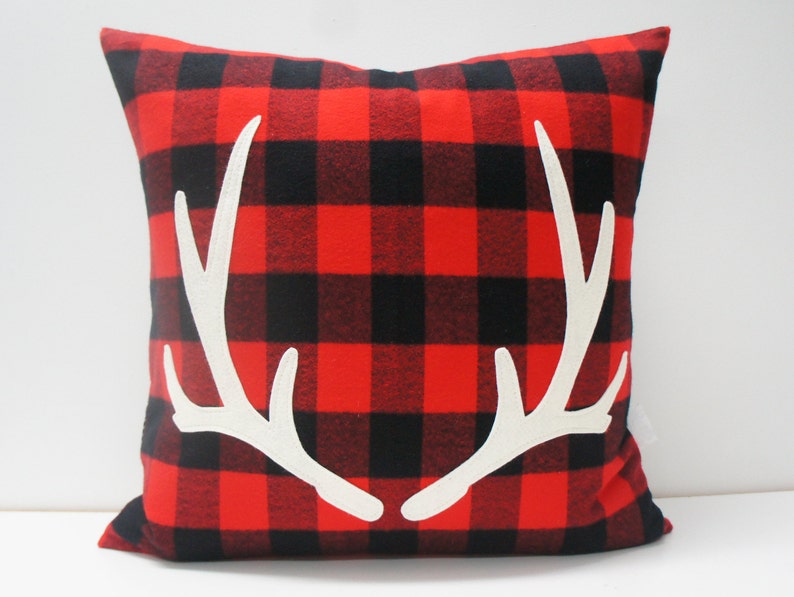 Antler Pillow Cover, 20x20, Buffalo plaid, red and black check with felt antler applique, christmas, holiday, cabin, cottage image 1
