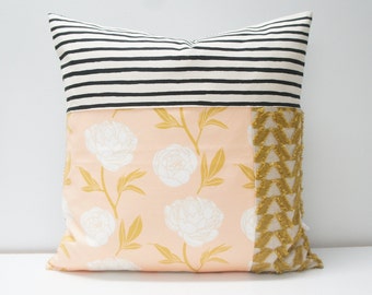 Pillow Cover - Patchwork Pillow Cover, 20x20, mod peach floral, black stripes, gold fringe