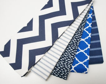 Fabric - fabric bundle - 5 x 16x24 rectangles, remnants, scrap pack, destash, quilting - navy blue, stripes, chevron