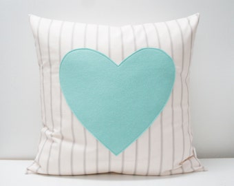 Pillow Cover - Heart Pillow Cover, 20x20, grey stripes on cream, felt heart teal / seafoam green