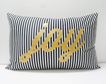 Pillow Cover -JOY Pillow Cover, 16x24, Holiday, Christmas, Festive pillow, black and white stripe and metallic gold