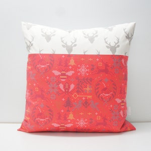 SALE — Pillow Cover - Holiday Patchwork Pillow Cover, 20x20, holiday pillow, christmas pillow, funky christmas, soft red cross stitch, pink