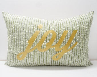 SALE — Pillow Cover -JOY Pillow Cover, 16x24, Holiday, Christmas, Festive pillow, green  and metallic gold