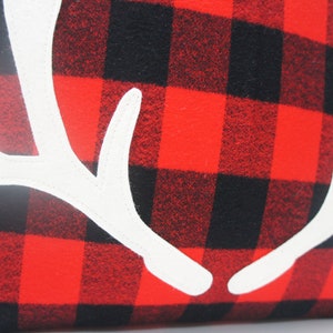 Antler Pillow Cover, 20x20, Buffalo plaid, red and black check with felt antler applique, christmas, holiday, cabin, cottage image 4