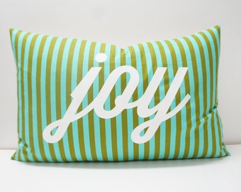 SALE — Pillow Cover -JOY Pillow Cover, 16x24, Holiday, Christmas pillow,  Festive green and teal stripes