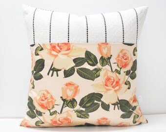 Pillow Cover - Patchwork Pillow Cover, 20x20, retro vintage roses, green and coral/peach/pink, floral