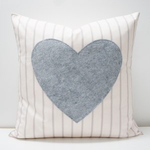 Pillow Cover - Heart Pillow Cover, 20x20,  grey stripes on cream, felt heart grey gray