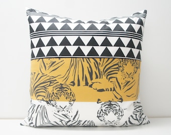 Pillow Covers - Patchwork Pillow Cover, 20x20, tigers - black, white, mustard, triangles, geometric