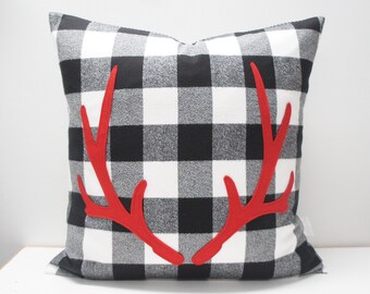 Antler Pillow Cover, 20x20, Buffalo plaid, black and white flannel check with red felt antler applique, christmas, holiday, cabin, cottage