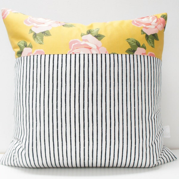 Pillow Cover - Patchwork Pillow Cover, 20x20, pink and gold roses, black and white stripes