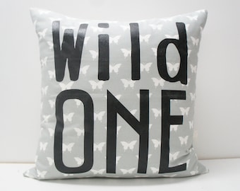 SALE — Pillow Cover - WILD ONE Pillow Cover, 20x20, grey/gray butterflies