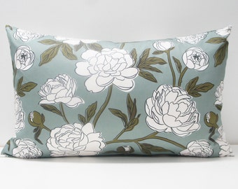 Pillow Cover - Patchwork Pillow Cover, 16x24, peonies on blue, vintage, modern floral