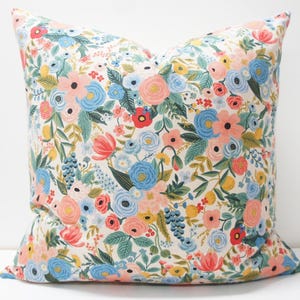 Pillow Cover - garden party blue Canvas linen Fabric rifle paper co. 20x20, vintage/retro, floral, green, blue, pink