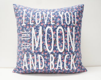 Pillow Cover - I love you to the moon and back Pillow Cover, 20x20, blue rifle paper co. floral fabric