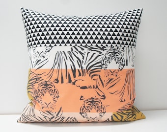 Pillow Covers - Patchwork Pillow Cover, 20x20, tigers - black, white, mustard and coral, triangles, geometric