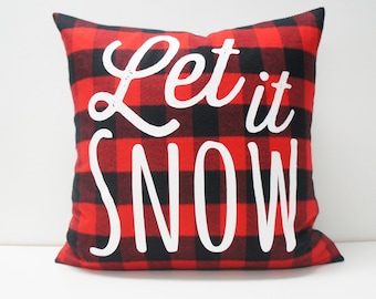 Pillow Cover - Let it Snow Pillow Cover, 20x20, Red Buffalo Check, flannel,  Holiday pillow, Christmas pillow, Festive pillow