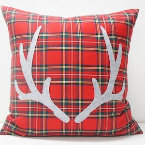 Antler Pillow Cover, 20x20, red steward tartan plaid w. grey felt antler applique, christmas pillow, holiday, cabin, cottage, festive