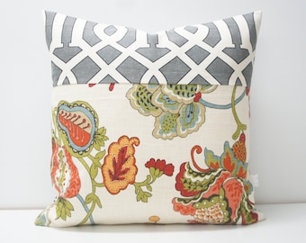 Pillow Cover -  Patchwork Pillow Cover, 20x20, red, green, blue floral, grey trellis