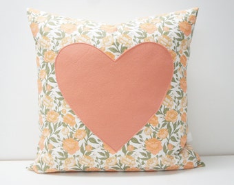 Pillow Cover - Heart Pillow Cover, 20x20, vintage chintz floral, felt applique heart in rose, peach, pink, coral