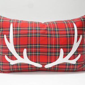 Antler Pillow Cover, 16x24, red stewart tartan plaid with felt antler applique, christmas pillow, holiday, cabin, cottage, festive, tartan