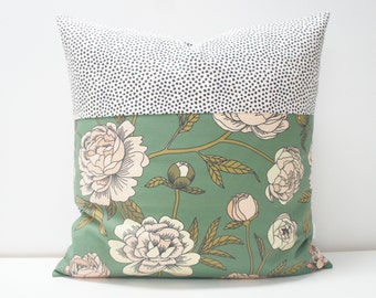 Pillow Cover - Patchwork Pillow Cover, 20x20, vintage green floral, black dots, peonies