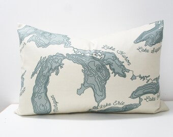 Pillow Cover - The Great Lakes 16x24, vintage map, cottage, lake house, lake Erie, Lake Huron, Lake Michigan, Lake Ontario, Lake Superior