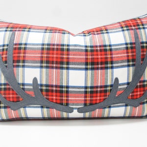 Antler Pillow Cover, 16x24, red tartan plaid with felt antler applique, christmas pillow, holiday, cabin, cottage, festive, tartan