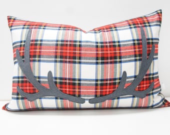 Antler Pillow Cover, 16x24, red tartan plaid with felt antler applique, christmas pillow, holiday, cabin, cottage, festive, tartan